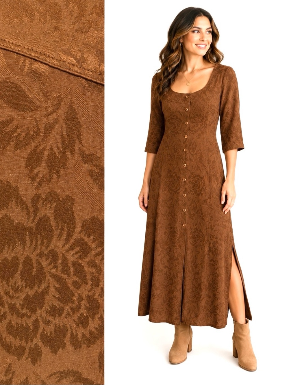 Vintage Joanna Buchanan , Brown Jacquard Maxi Dress Silk Linen Blend, Size 6
